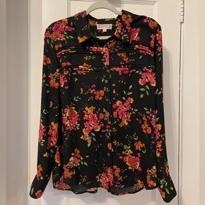 Nanette Lepore Black Floral Blouse Button Down Top